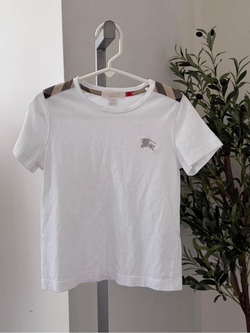 Burberry White Tee with Signature Check Trim 4t